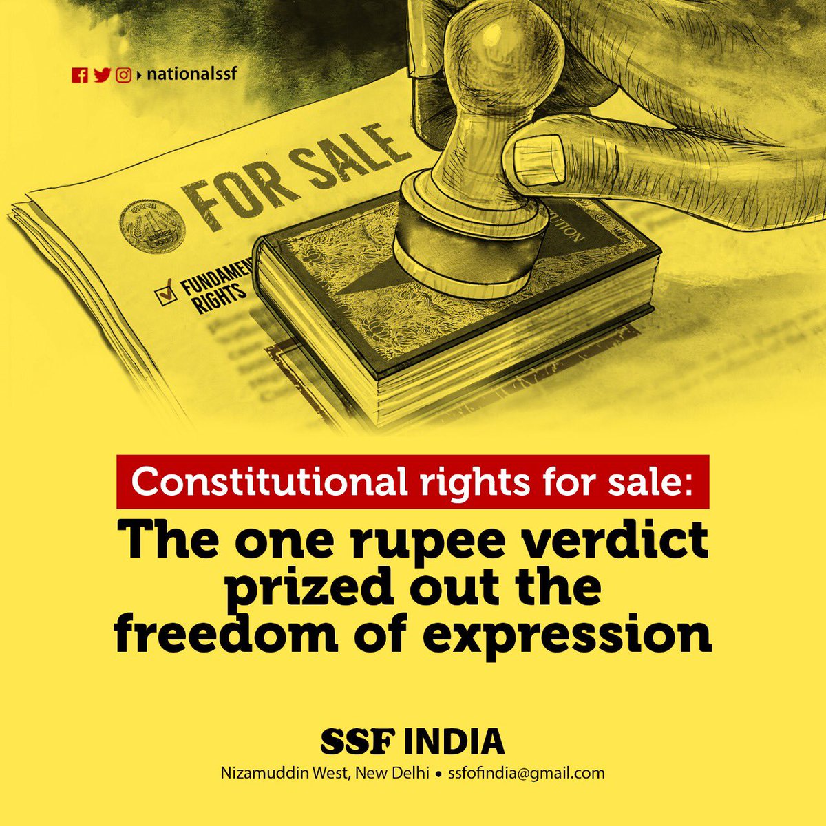 nationalssf's tweet photo. Constitutional values for sale:
The one rupee verdict prized out the freedom of expression #OneRupeeFine https://t.co/fbD5wGb80Z