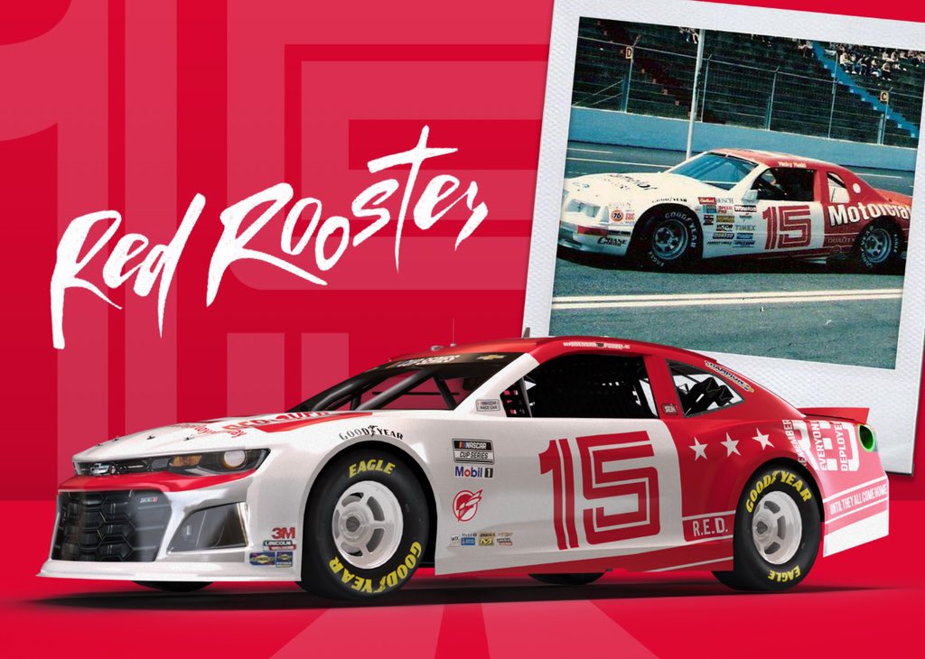 brennanpoole's tweet photo. The Bull throws back to “The Rooster”. I’m honored to represent #REDSupport in this Ricky Rudd car from the Bud Moore stable. Moore himself was a decorated D-Day Infantryman. This scheme honors them and the men and women protecting this country. https://t.co/u4BnWGiaQP