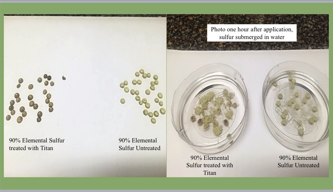 Elemental #Sulfur is a longer term solution for soil sulfur deficiency--the issue is the time it takes to break down into plant available Sulfate form.  The test below shows the power of #TitanXC to breakdown elemental sulfur much quicker vs Mother Nature.  Thanks Mark Fabrizius!