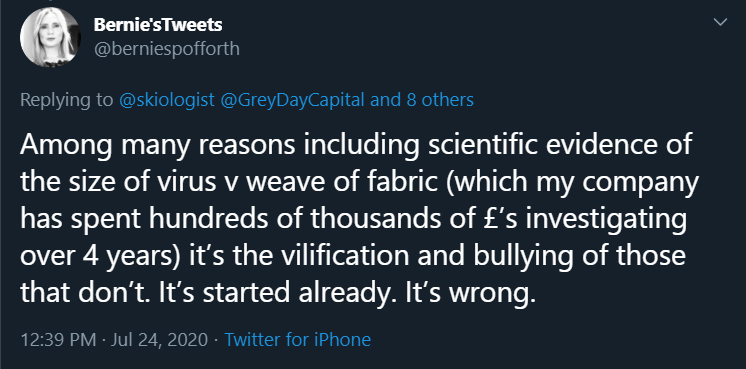  @peterjukes Apparently her company has done £100Ks of research into mask efficacy. Wonder if she wants to publish the research and perhaps we can see why see seems to be at odds with various governments around the world and their research.