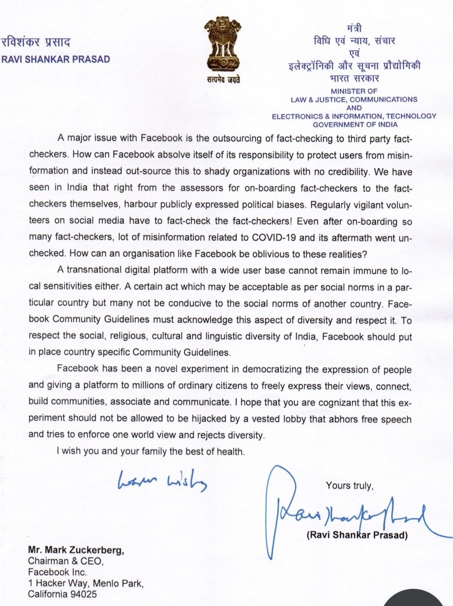 IT Minister @rsprasad ji writes hard hitting letter to #MarkZukerberg

Exposes @Facebook Conspired against Govt during 2019Elections there was effort by Facebook to delete pages substantially reduce reach offer no recourse who are of right-of-centre ideology #LeftLobbyExposed
