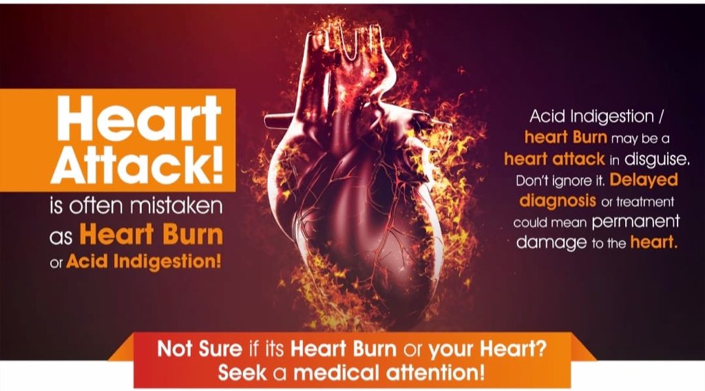 Heart Attack Vs HeartburnFor most of us practising as Cardiologists, more than 50% of patients with heart attack are initially treated/ mistaken as acidity or heartburn. This leads to late presentations and preventable deaths. Following are the points which all of us must know-