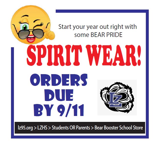Hey everyone! Its the second week of school and have you gotten your LZHS Spiritwear yet!  Check out the awesome NEW 2020 styles for (available Mid-Oct) and some great items available now! Visit the online store at: …-school-bear-booster-club.square.site  <a href="/lzstudents/">LZHS BEAR DEN</a> <a href="/LZHSStudCo/">LZHS Student Council</a> #WeAreLZ