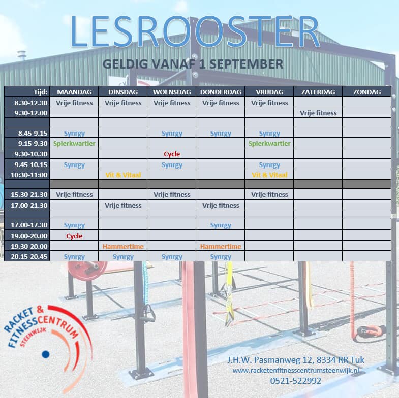 Het lesrooster van september. Met nieuwe lessen #cycle #openingstijden gewijzigd.