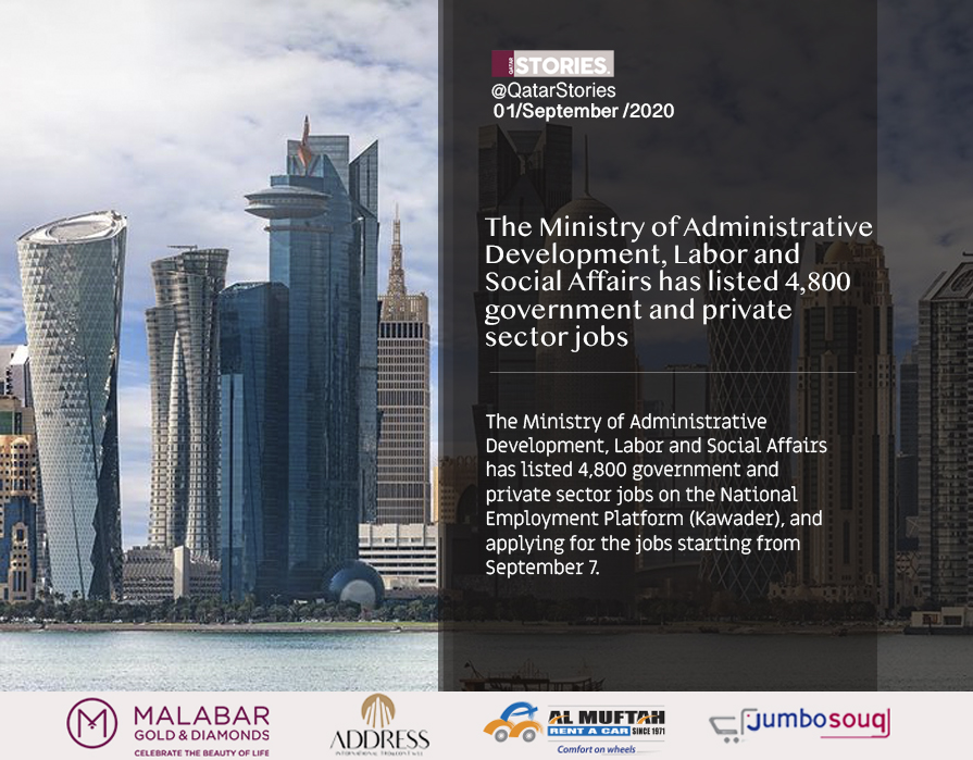 QatarStories's tweet photo. The Ministry of Administrative Development, Labor and Social Affairs has listed 4,800 government and private sector jobs on the National Employment Platform (Kawader), and applying for the jobs starting from September 7. #QNA #Doha #Qatar #QatarUpdate #DohaUpdate #ADLSA https://t.co/biYYgKQcC4