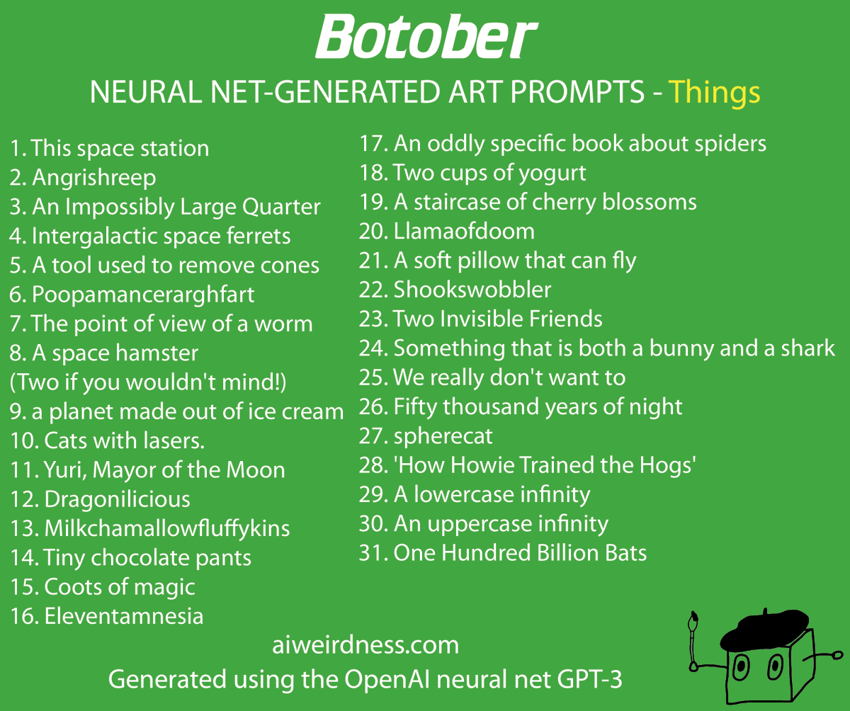 Introducing  #Botober, a set of AI-generated drawing prompts for each day in October!I generated these using GPT-3, a neural net trained on a huge amount of internet text, but not on drawing prompts specifically. (This explains a lot)