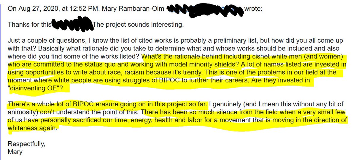 Back to the issue: When I saw this project website (I realized off the bat it had serious issues, lack of transparency, erased voices while propping up problematic ppl, claiming to start conversations that have already been started, etc.) so I sent these simple questions. 10/