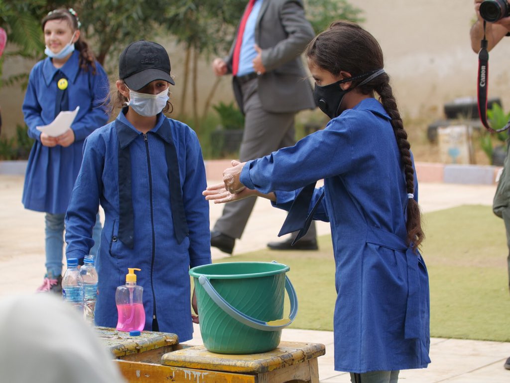 In 169 #UNRWA schools in Jordan, today over 115,000 girls and boys went Back to Learning. All UNRWA schools, teachers and children are following the MOH health and safety regulations to protect against COVID-19: social distancing - in the corridors, playgrounds and classrooms.
