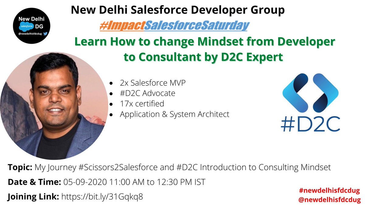 Learn #D2C with #ImpactSalesforceSaturday
by #D2C Advocate <a href="/RupeshBhatia85/">Rupesh Bhatia</a>.
Thank you so much <a href="/WalidForce/">Walid El Horr</a> for sponsoring this series.

5 Quiz winners will get a chance to win Sharing &amp; Visibility Designer UDEMY Course vouchers per session.
Joining details: newdelhisfdcdug.com/impactsalesfor…