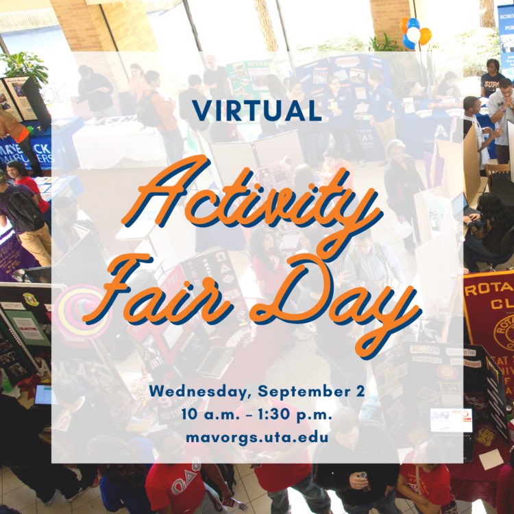 uta_soks's tweet photo. Fall 2020 Activity Fair Day will be hosted in VIRTUAL format on MavOrgs giving you the opportunity to meet pit new board members and ask any questions about this upcoming semester. 
We hope to see y’all there! https://t.co/VFylKqNnIN