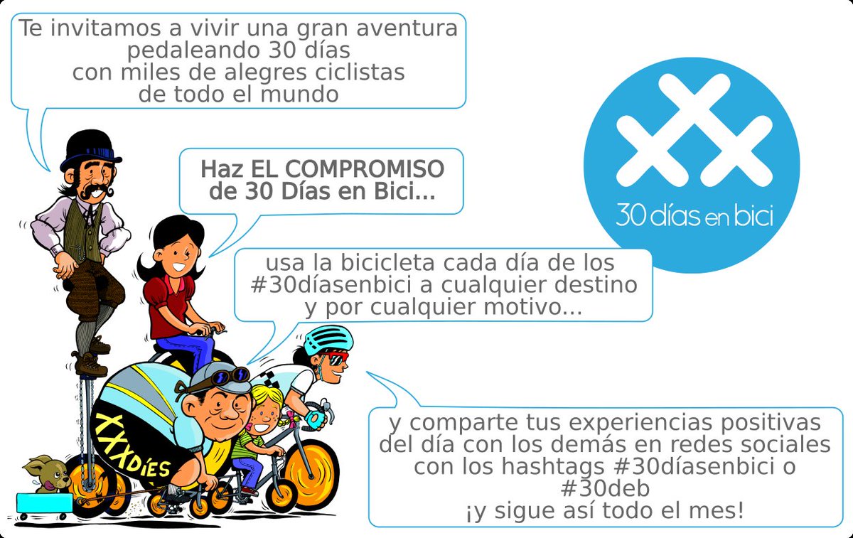 Hoy arranca #30DiasEnBici, una campaña internacional que reta a la gente a usar la #bicicleta un mes en su vida cotidiana. 
🚨🚨 Advertencia 🚨🚨
Si te subes ya no te bajas, porque...
😍 Es divertido
🚴 Es sano
🌳 Es sostenible
⏳ Es rápido

¡Anímate!