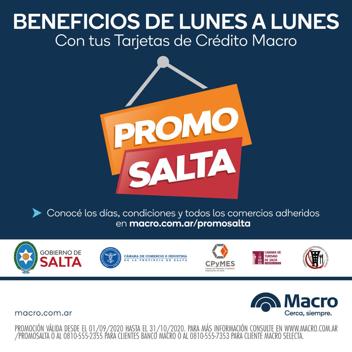 Desde <a href="/GobiernoSalta/">Gobierno de Salta</a>, Banco Macro y Cámaras Empresariales se lanzó hoy y hasta el próximo 31 de octubre la Promo Salta en los distintos comercios de #salta.
<a href="/GustavoSaenzOK/">Gustavo Sáenz</a> 
<a href="/SDCSalta/">Sec. de Prensa y Comunicación</a>