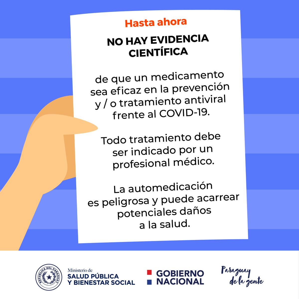 msaludpy's tweet photo. ⚠NO HAY EVIDENCIA CIENTÍFICA de que un medicamento sea eficaz en la prevención y/o tratamiento antiviral frente al #Covid19.

⚠Todo tratamiento debe ser indicado por un profesional médico.

⚠La automedicación es peligrosa y puede acarrear potenciales daños a la salud. https://t.co/MHHySmR4JJ