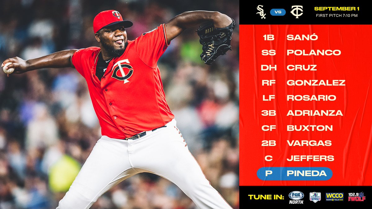 Twins's tweet photo. Michael Pineda makes his return to the mound in tonight's game vs the White Sox. https://t.co/0ajXmOBEZw #MNTwins https://t.co/4Ts5xYHyMB