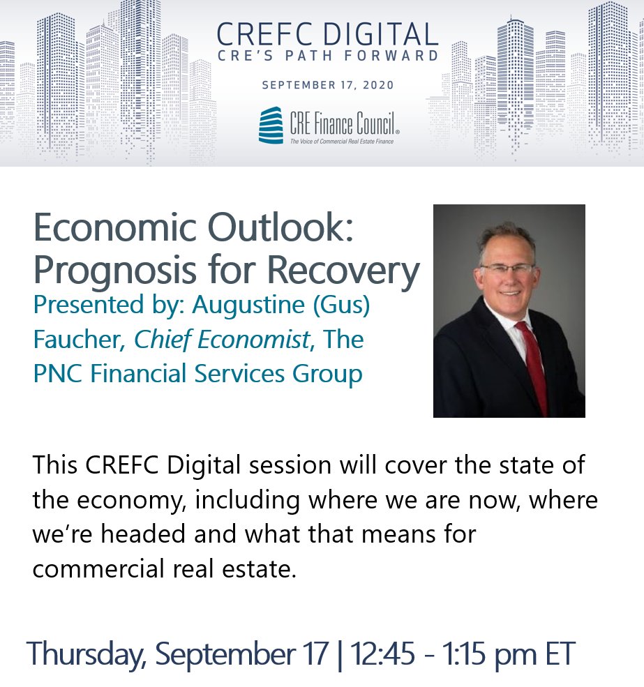 CREFC's tweet photo. @GusFaucherPNC, Chief Economist at @PNCBank (https://t.co/ItGnuP0fCq) is slated to present a session on the current state of the #economy and what that means for the future of #commercialrealestate at #CREFCDigital
Full program: https://t.co/RTvvhHMZaK
#cre #virtualconference https://t.co/ZxEfUh9PIh