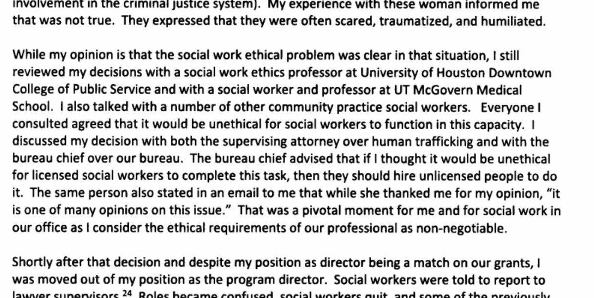 That, she says, was unethical. When she told the bureau chief it was unethical for licensed social workers to do that, the chief allegedly suggested just hiring unlicensed people instead: