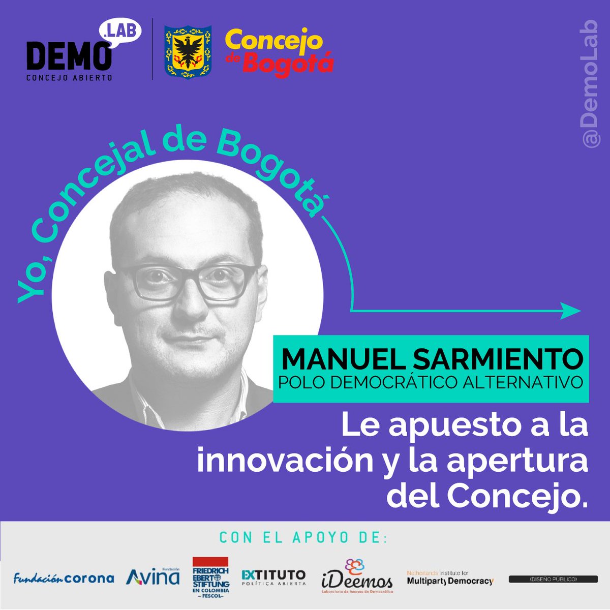 mjsarmientoa's tweet image. Me uno a la apuesta por tener un Concejo de Bogotá de puertas abiertas a la participación ciudadana y la innovación. Este miércoles, a las 8:00pm, estaré conversando en Instagram sobre este proyecto @DemoLabCA.
#DemoLabEnElConcejo #DemoLab