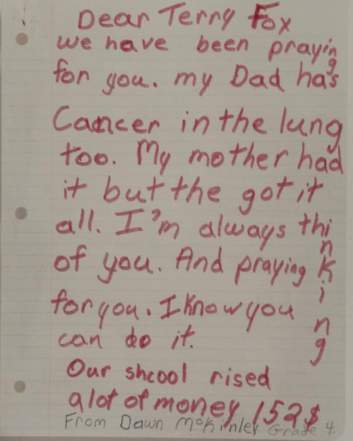 Addendum: September 2, 1980The next day, as Terry flew home to BC for treatment, students returned from school after Labour Day. Thousands of classrooms across Canada wrote letters of support to Terry. (Photos from Douglas Coupland's "Terry")