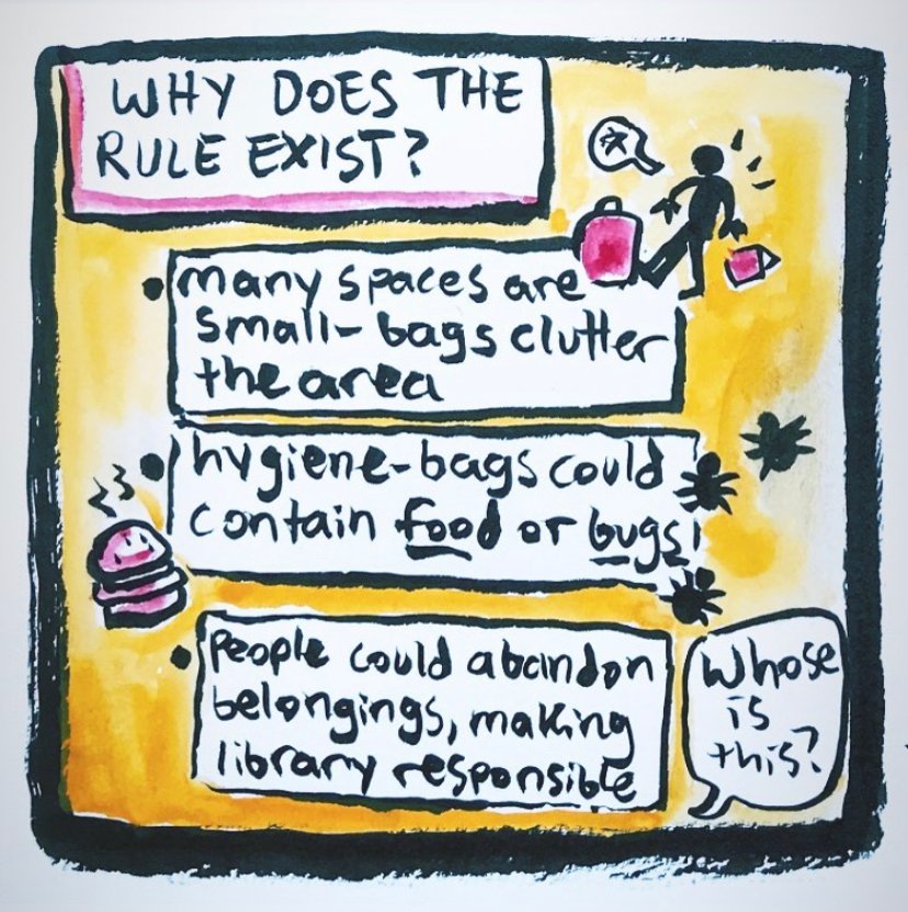 Libraries should be safe spaces for everyone. But, coded language in institutional policies makes it so that as library workers we have to police and exclude certain individuals and communities. This practice is illustrated in this comic about bag policies.