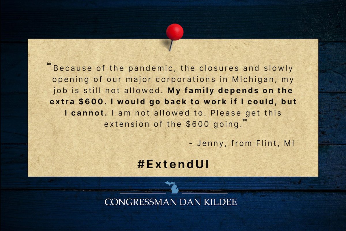 RepDanKildee's tweet image. According to the @USDOL, there are currently three unemployed individuals for every job opening. Last week, another 1 million workers filed for jobless claims. The House acted to extend unemployment insurance, the Senate must act too. #ExtendUI