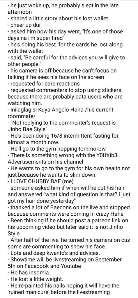 [ @_jinhobae & #39;s 09-01-20 FB Live Summary]