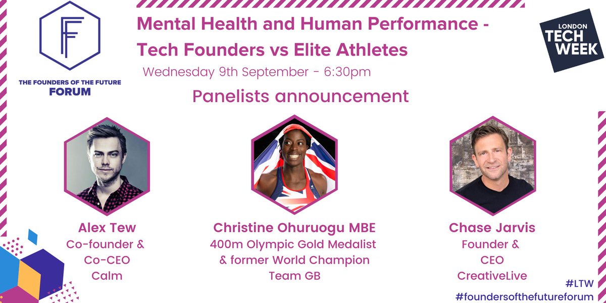 Welcome <a href="/chasejarvis/">Chase Jarvis</a> (Founder &amp; CEO of CreativeLive) <a href="/tewy/">Alex Tew</a> (Co-founder &amp; co-CEO of Calm) and <a href="/chrissyohuruogu/">Christine Ohuruogu</a> MBE (400m Olympic Gold Medallist for Team GB) as our panelists for our Mental Health and Human Performance panel!🚀🏅
Wed 9th Sept!!

🙌Sign up: registration.gesevent.com/survey/31q89f9…