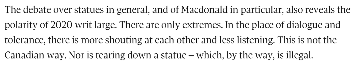JDM "maple washes" the toppling of the statue by appealing for the "Canadian way" of dialogue and tolerance. If we use JAM as our model, the "Canadian way" of working with Indigenous people involves genocide and dispossession.
