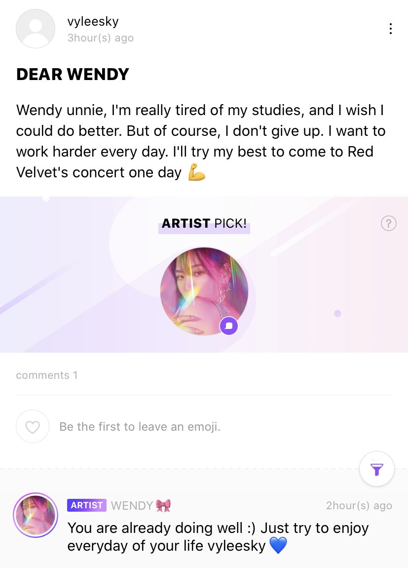 Fan added extra comment: unnie, I cried a lot after seeing unnie’s reply...I’ve been having a hard time these days, thank you for giving me the strength to continue living, I’ll work hard on living from tomorrow onwards. I love no-religion Wendy too...