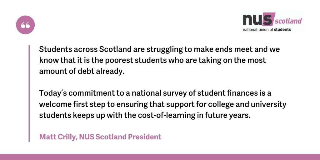 NUSScotland's tweet image. A national survey of student finances will measure the real #CostofLearning for students in Scotland and is very welcome.