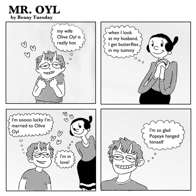 new daily comic strip i invented about what it's like being married to Olive Oyl from Popeye 