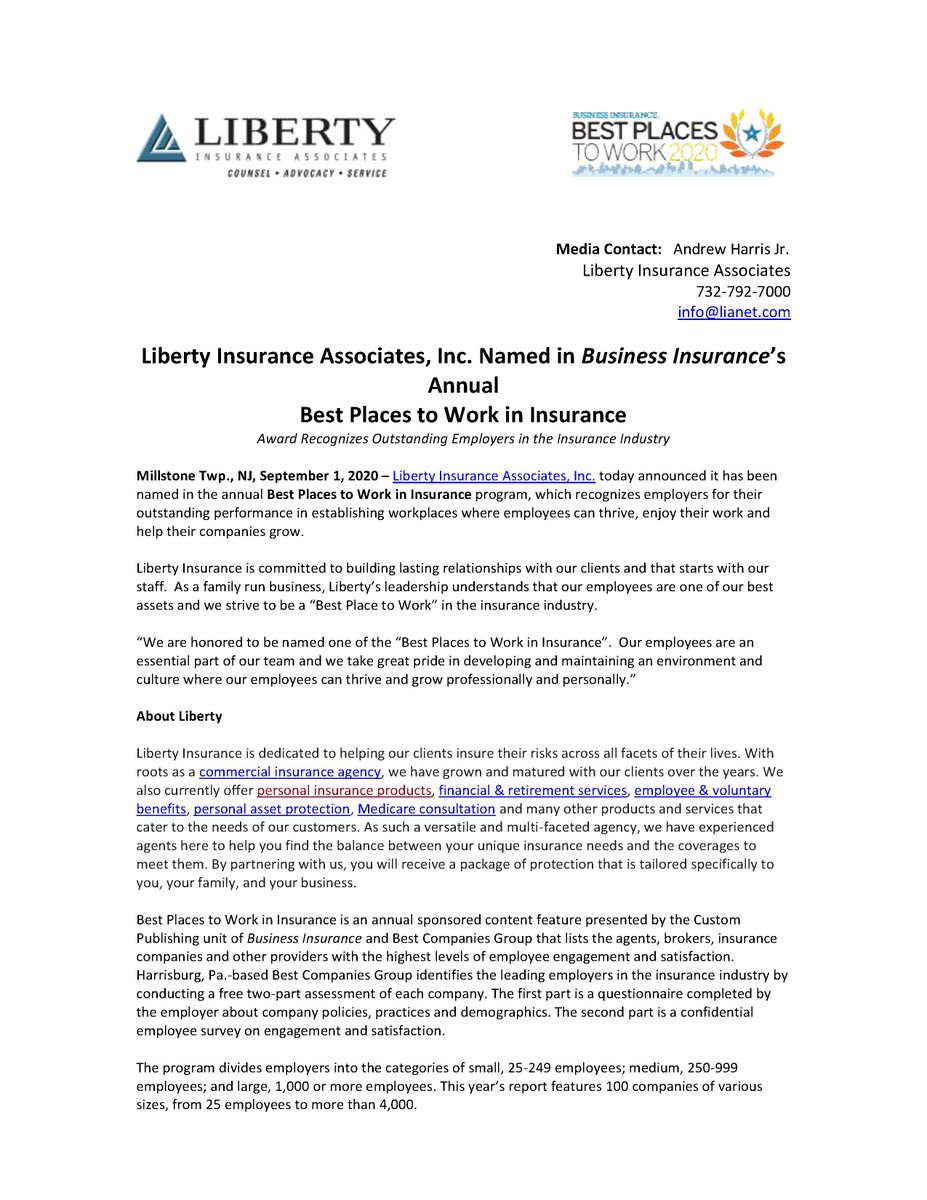 LibertyInsAssoc's tweet photo. Once again Liberty Insurance Associates has been name as Best Places to Work in Insurance 2020. https://t.co/MJlUtZICmk