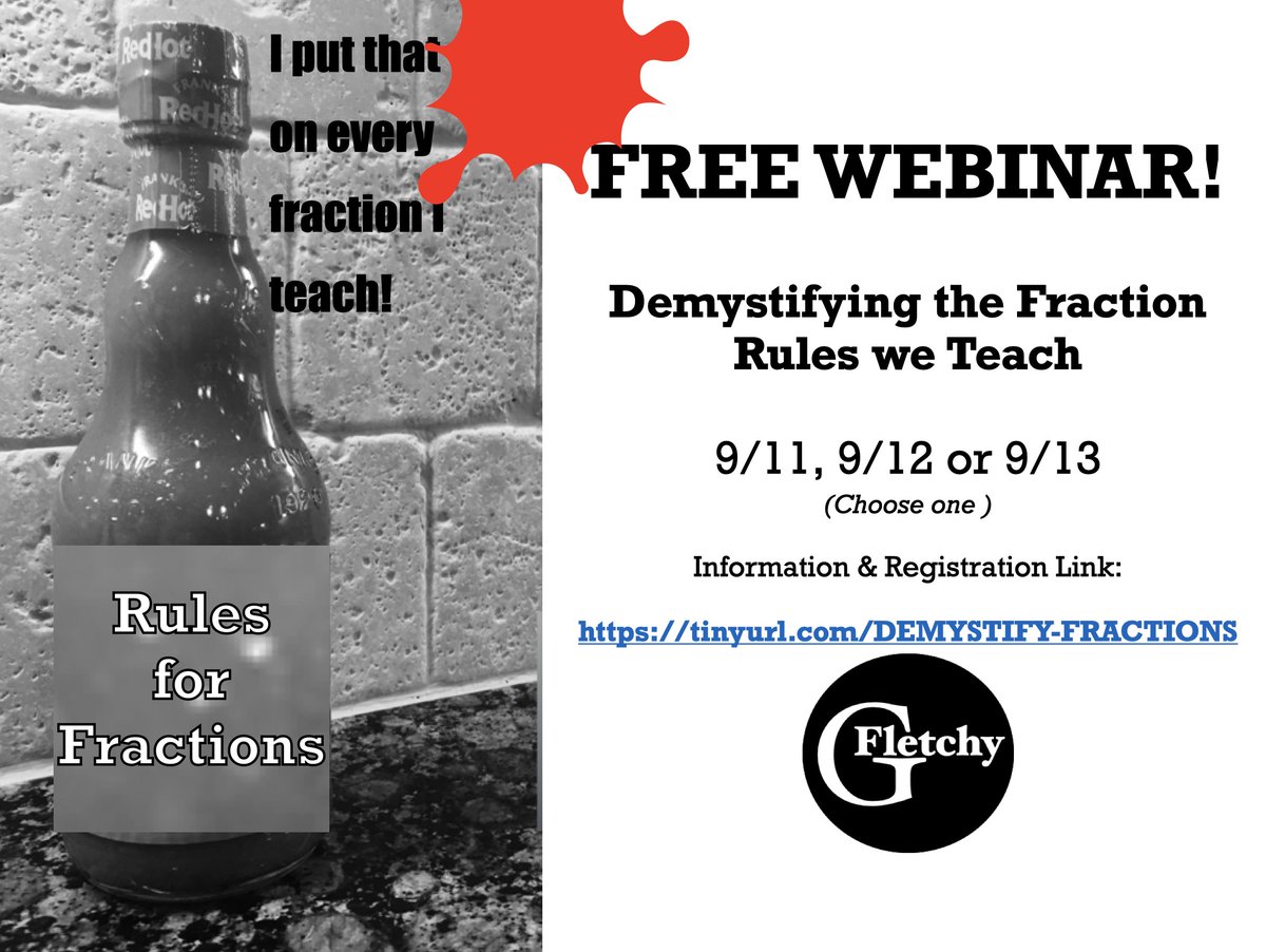 gfletchy's tweet image. I'll be hosting a free webinar called "Demystifying the Fraction Rules we Teach" on 3 separate days. If you have ever used a rule, or want to understand why they work, then be sure to reserve your spot. #elemmathchat #iteachmath  
LINK: tinyurl.com/DEMYSTIFY-FRAC…