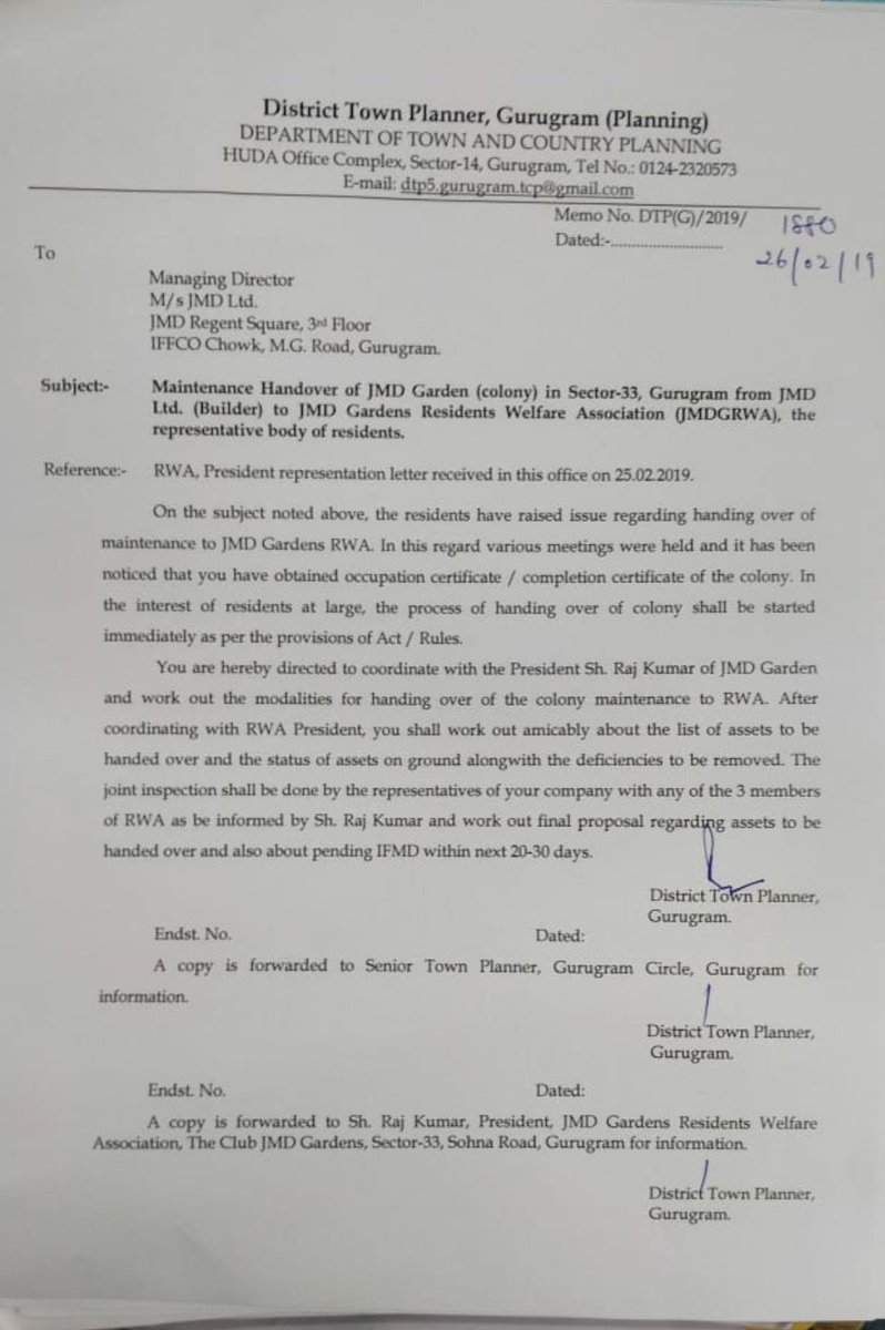 JmdgResidents's tweet photo. @timesofindia @cmohry @DC_Gurugram#SaveJMDGarden. We want to bring in the notice of the authorities that the builder failed to obey the order issued by DTCP dated 26 Feb 2019 to handover the society maintenance to RWA.Letter attached for ref.Pls help. https://t.co/j861697QEg