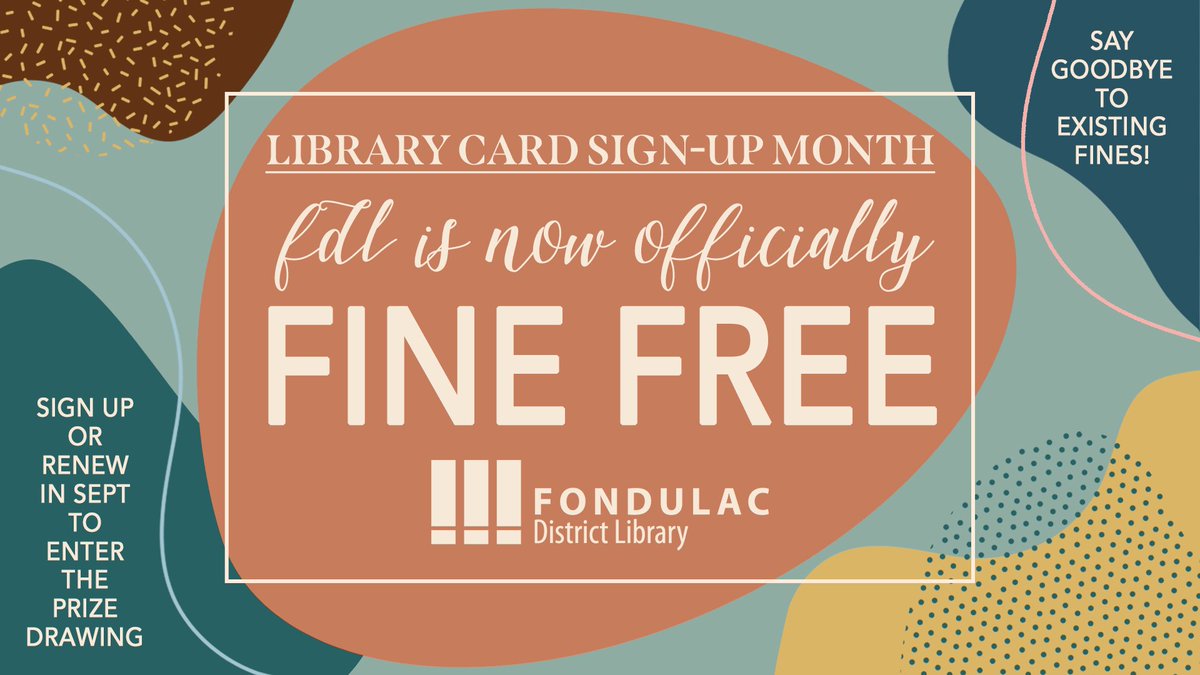FDL is now officially FINE FREE, and all existing overdue fines have been cleared!! Sign up or renew your card this month to enter the drawing for a Fire HD8! 

Learn more at fondulaclibrary.org/2020/09/01/fdl….

#FondulacLibrary 
#FineFreeLibraries  
#LibraryCardSignUpMonth