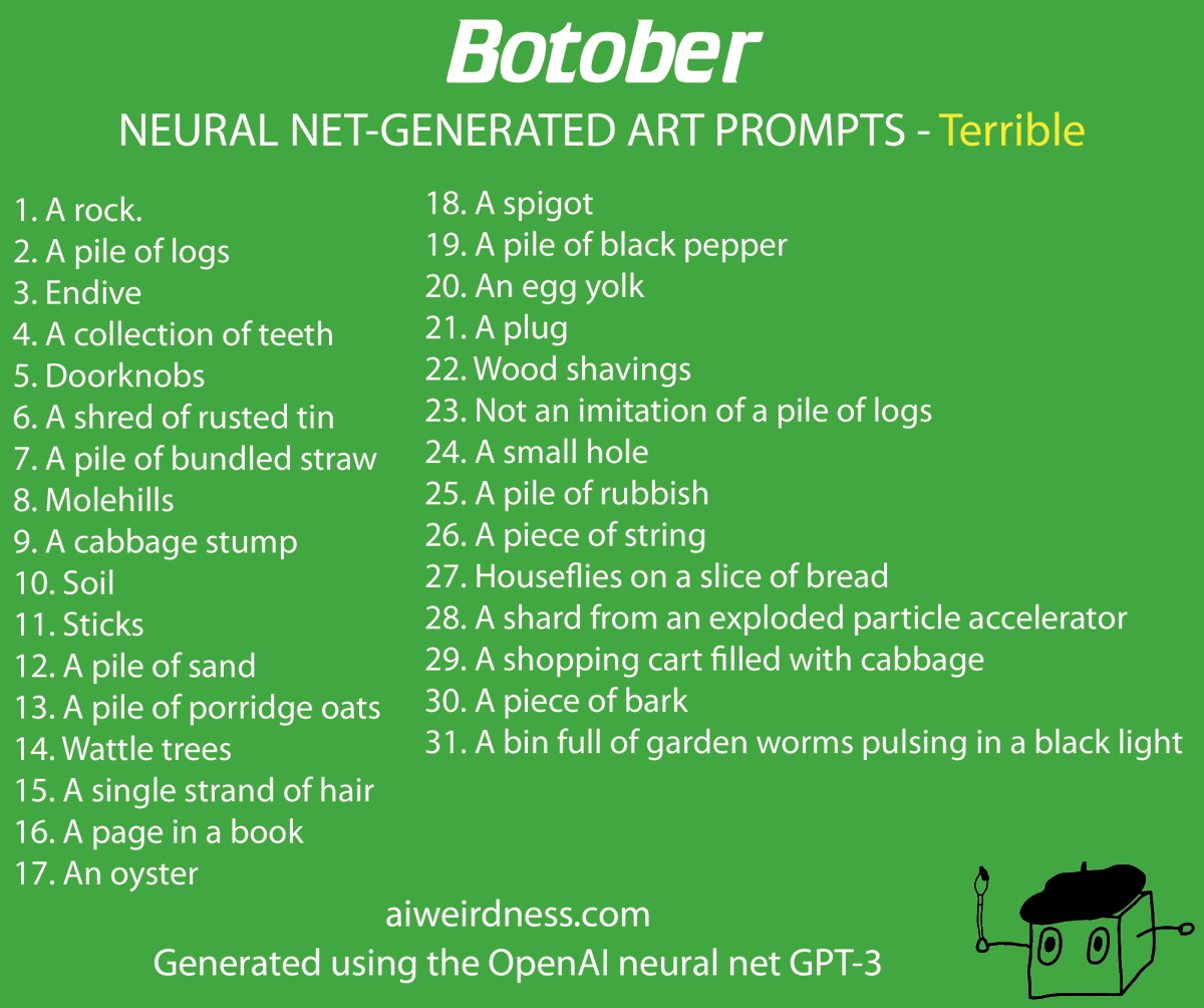 Another set of rejected  #Botober prompts.The neural net suggested drawing prompts based on how the words fit, and not on any concept of how the objects might look. This list makes that abundantly clear.