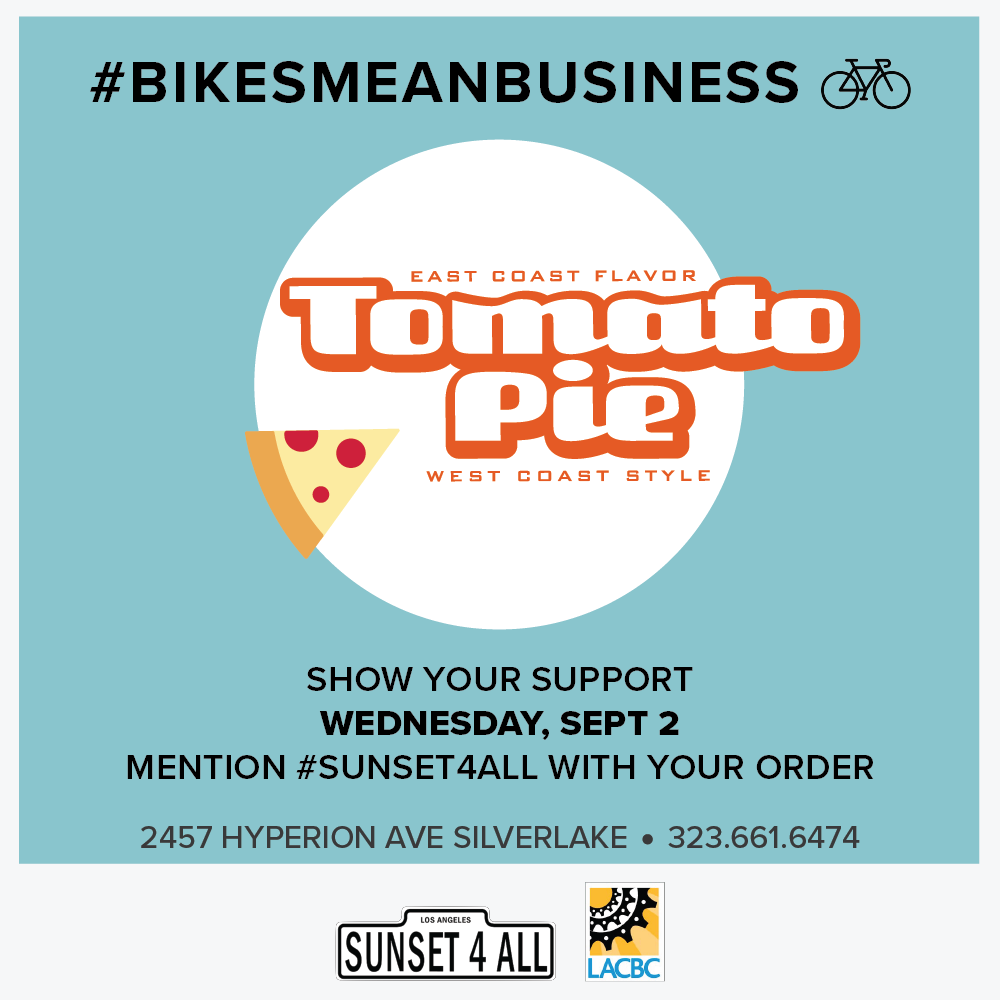 LA_Bike_Dad's tweet image. .@TomatoPieLA has awesome pizza &amp;amp; is consistently one of the most generous donors to local schools.  Let's return the favor tomorrow night (Wednesday) by ordering delicious pizza and showing them that #bikesmeanbusiness.  Don't forget to mention #sunset4all!