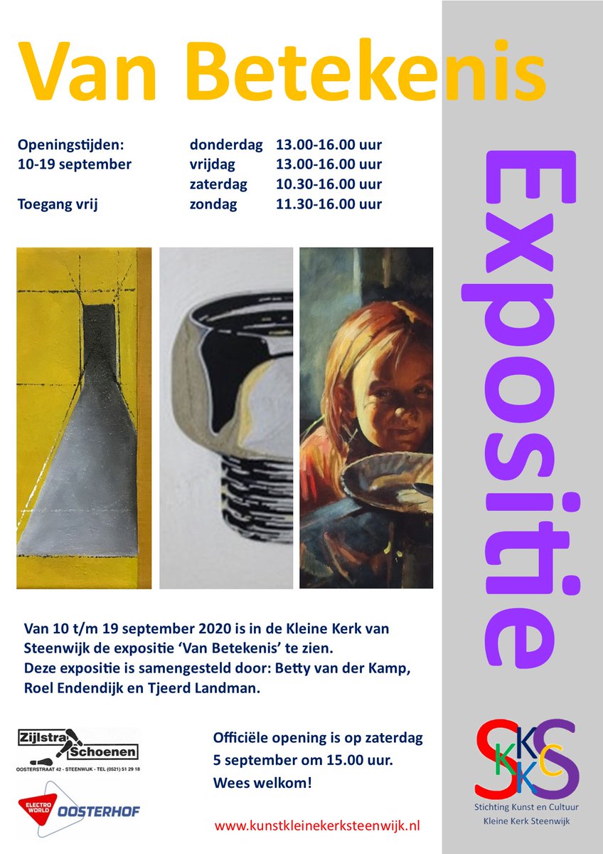 Komende zaterdag 5 september 15.00 uur openen we onze nieuwe expositie 'Van Betekenis' in de Kleine Kerk van Steenwijk⛪️ Daarna is de expo te zien van 10 t/m 19 september op do-zo. Nieuwsgierig? Kom langs, toegang is vrij! 👉Kijk ook op: kunstkleinekerksteenwijk.nl
