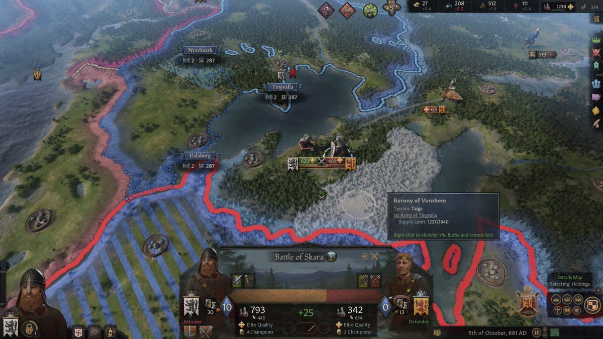 As we moved back to the front line, we managed to ambush the enemy army. I have many archers amongst my men at arms who can deftly fire and run back into the treeline.  #CrusaderKings3