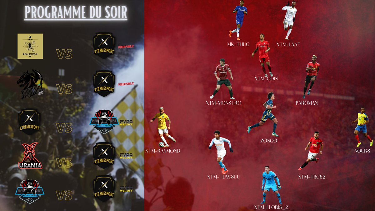 Programme et composition du 01/09/2020 🔥⚽️
FORZA XTM 💪
<a href="/GalacticsFF/">Galactics FF</a> @Niortais_CP @magicesportoff <a href="/Urania_eSport/">URANIA🦋</a>  
Bonne chance à nos adversaires.⚽️