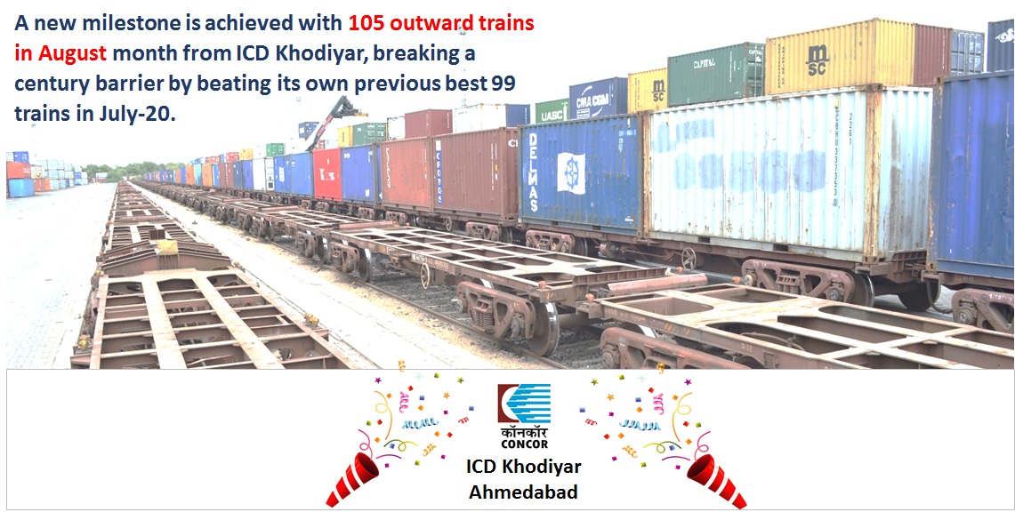 concor_india's tweet photo. A new milestone is achieved with 105 outward trains in August month from @concor_india ICD Khodiyar, breaking a century barrier by beating its own previous best 99 trains in July-20.
#Concor_Can_Conquer
#logistics
@VKRamaCMD @RailMinIndia https://t.co/nSkTMfTmWE