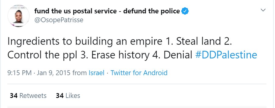 During  @Dreamdefenders trip,  @OsopePatrisse drank the PLO/PFLP kool-aid/ bought the lie that Jews aren't indigenous to Judea. She erased 2k yrs of Jewish history & then accused Jews of doing exactly that in our supposed quest to "build empire." DAE get Protocols vibes...? 4/
