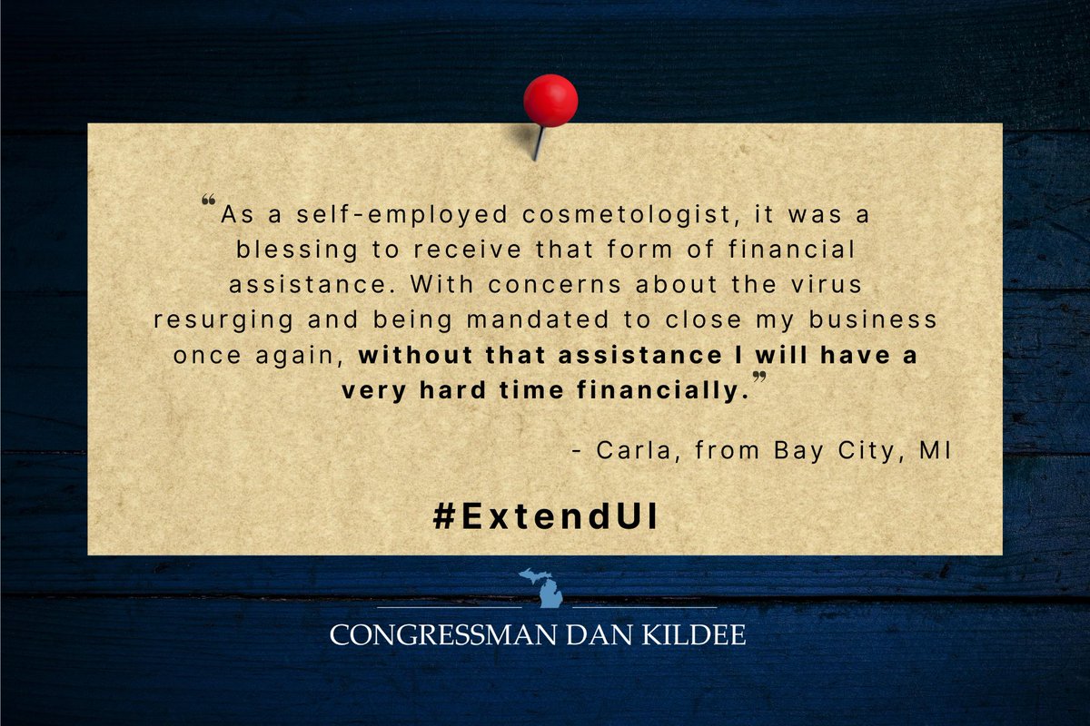 RepDanKildee's tweet image. I’ve heard from hundreds of constituents that we must extend immediately unemployment insurance. Millions of Americans are still out of work, and this pandemic is not over. Congress must act. #ExtendUI