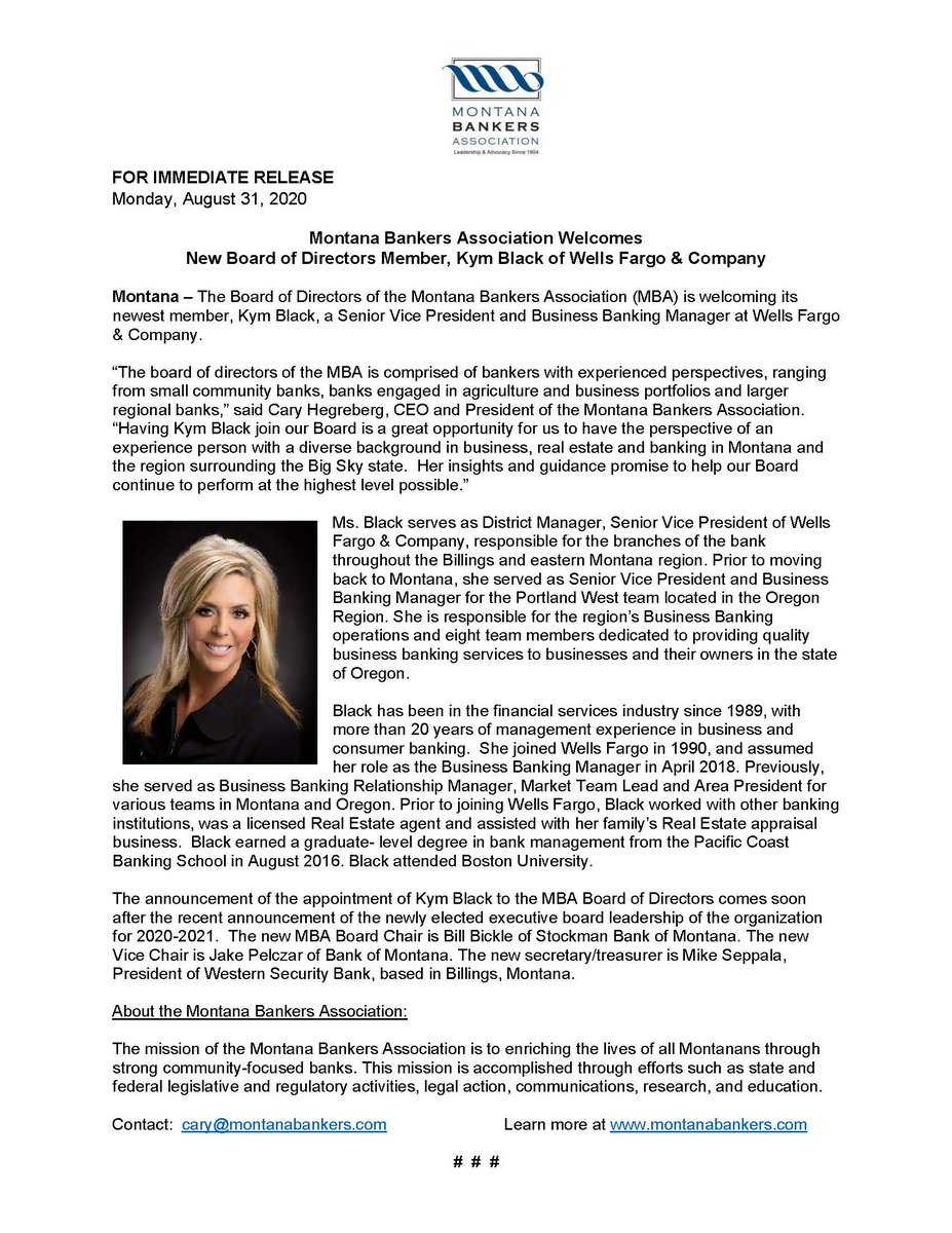 Kim Black of <a href="/WellsFargo/">Wells Fargo</a> joins the Board of Directors of the Montana Bankers Association.  Welcome Ms. Black and thank you for your leadership.  

#mtpol #mtleg #montana
#mtnews