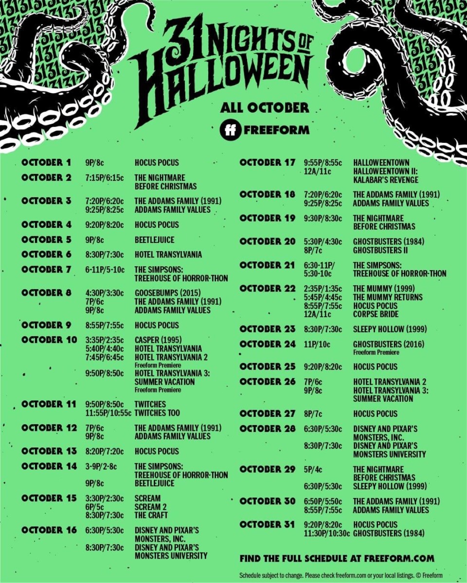 mainstreetmouse's tweet photo. Freeform’s 31 Nights of Halloween- Schedule - https://t.co/TxKkh2Y04M #Freeform31NightsOfHalloween #HocusPocus #NightmareBeforeChristmas https://t.co/1l2CvX6UKj
