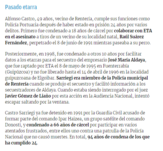 FGP66's tweet photo. Puerto Pasajes contrata como policía a condenado colaborar con ETA en un asesinato. Cobra 30.000 euros anuales, controla los accesos a la zona portuaria y sus instalaciones.
#Memoria
#NiOlvidoNiPerdon
También secuestró un empresario y formó parte del comando Ipar Haizea https://t.co/hPu31Plh2k