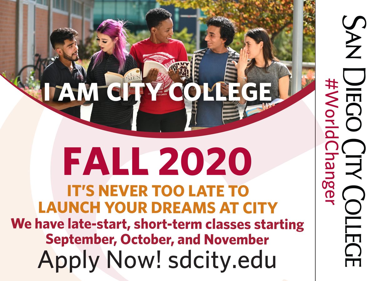 It’s Never too Late to Launch Your Dreams at City
We have late-start, short-term classes starting September, October, and November
Updated open class list: buff.ly/31NtJmY
Need Help? Mon-Fri | 8:00am-5:00pm | 619.800.2739
Apply/Register: sdcity.edu