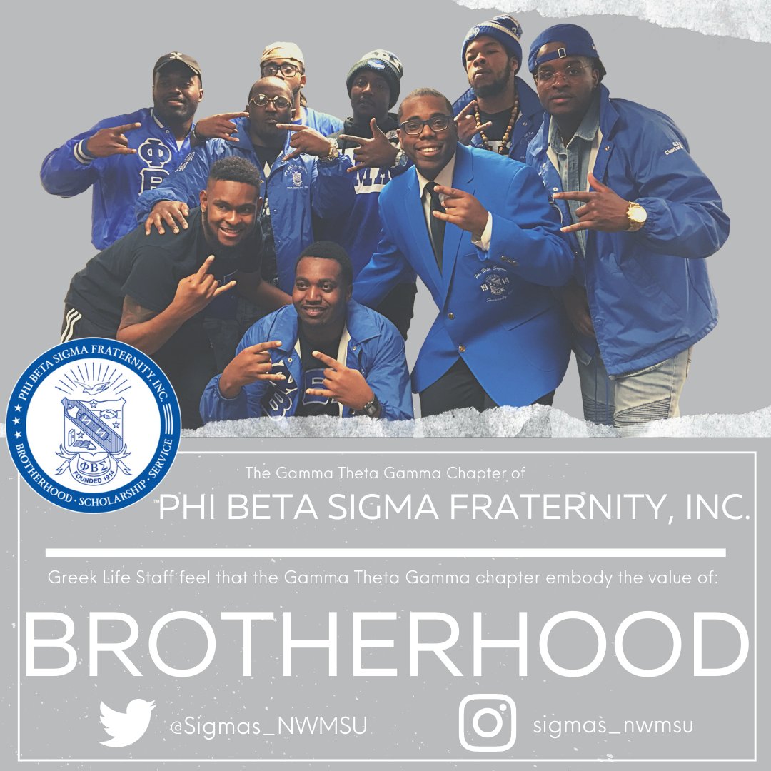 No matter the event, you'll see the graduate members of <a href="/Sigmas_NWMSU/">G.T.G 🕊 ΦΒΣ 🤘🏾</a> in their signature blue supporting their chapter on Northwest's campus. For this excellent support at all levels, Greek staff feel that the Gamma Theta Gamma Chapter embody #brotherhood. #BeNWGreek <a href="/pbs_1914/">Phi Beta Sigma</a>