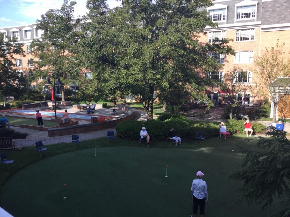 RiddleVillage's tweet photo. We are so happy to see our residents enjoying the beautiful day in the courtyard! Over the next few weeks, residents will be participating in putting and bocce ball tournaments, and we will be posting pictures of all the fun activity! #LifeAtRV https://t.co/LKdiEAkq4g