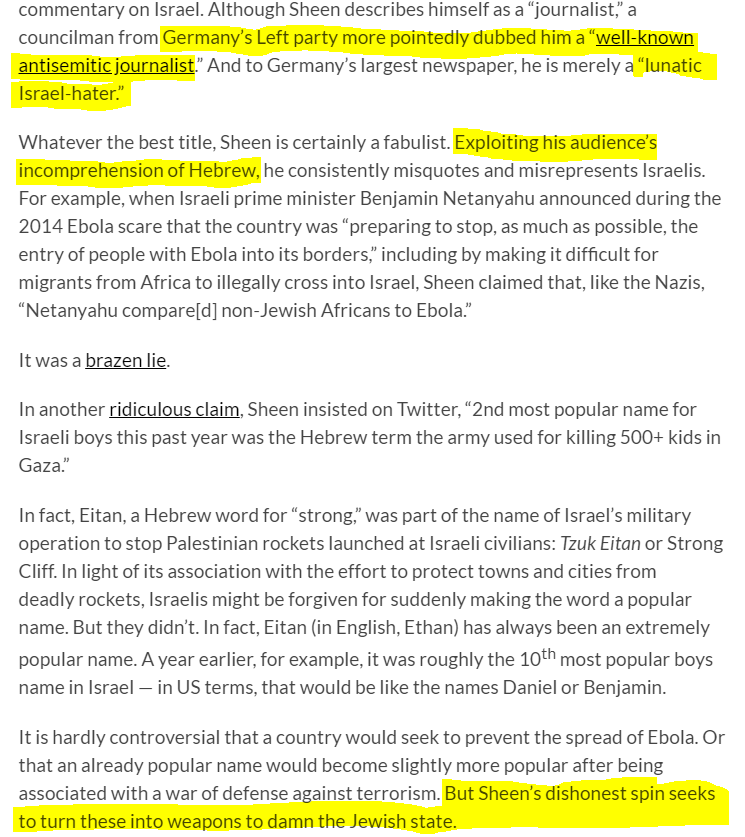 She met w  @davidsheen, a proven liar who invents stories re Israeli "anti black racism" & uses them to demonize the Jewish state. Again, she apparently accepted his claims w/o question. (DS lies via  @CAMERAorg,  @elderofziyon, &  @AviMayer) 5/