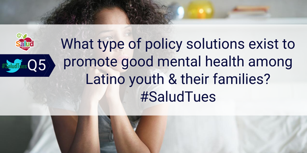 SaludAmerica's tweet photo. Q5: What type of policy solutions exist to promote good mental health among Latino youth &amp; their families? #SaludTues https://t.co/RVxHXYGKXL